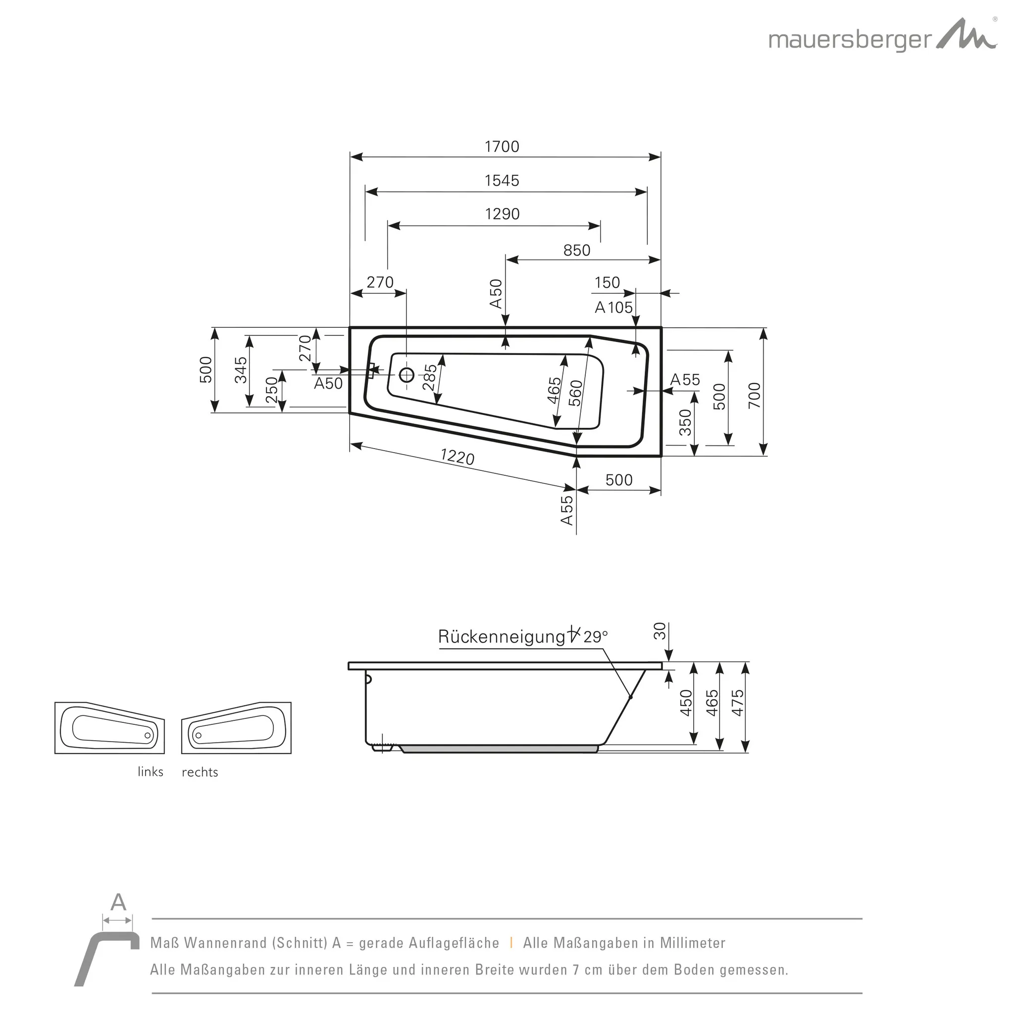 Mauersberger Acryl-Badewanne globosa 170/70 links, 1700x700x475, Farbgruppe 2 Mauersberger Acryl-Badewanne globosa 170/70 links, 1700x700x475, Farbgruppe 2