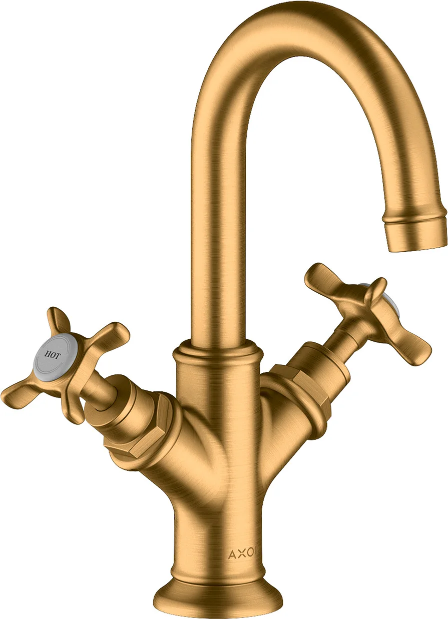 Hansgrohe AXOR Montreux 2-Griff Waschtischarmatur Brushed Gold Optic, ComfortZone 160, Ausladung 117 mm, Auslaufhöhe 159 mm, Kreuzgriff, Laminarstrahl, max. Durchfluss 5 l/min, Keramikventile 90°, für Durchlauferhitzer geeignet