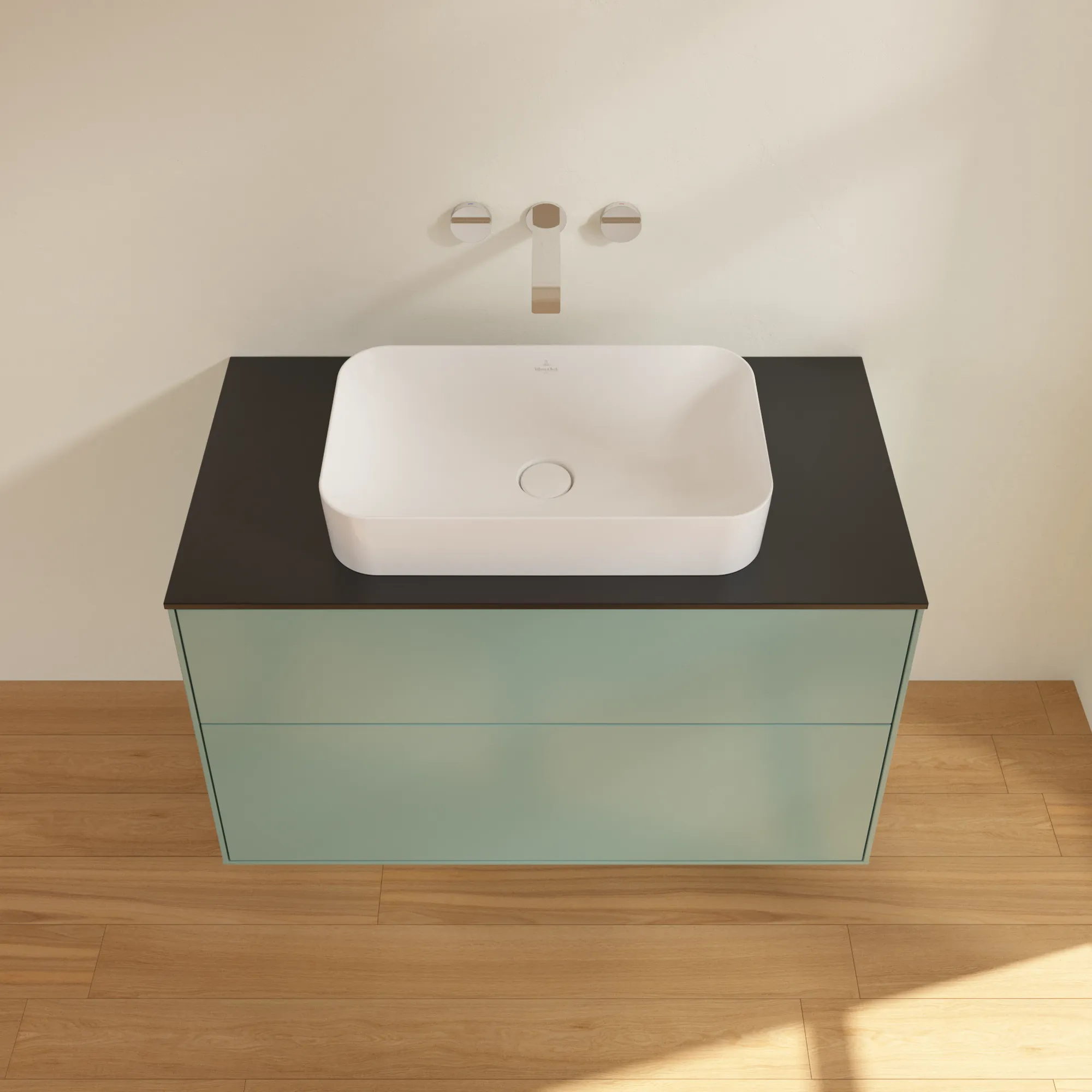 Villeroy & Boch Waschtischunterschrank „Finion“ für Schrankwaschtisch 1000 × 603 × 501 mm Olive Matt Lacquer, ohne Hahnlochbohrung, für Becken mittig