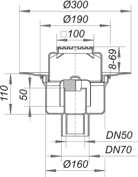 Bodenablauf 61 HT/E, DN 50/DN 70, 100 x 100 mm