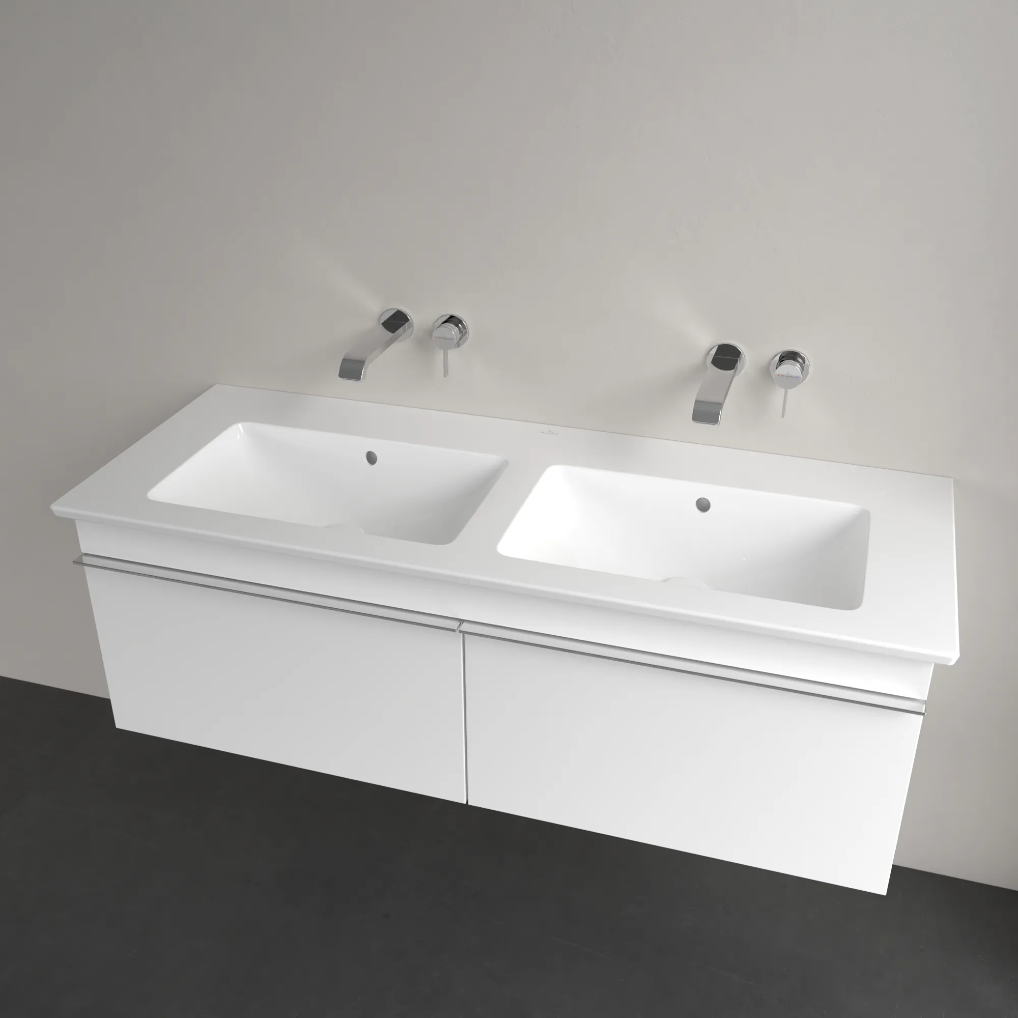 Villeroy & Boch Doppelwaschtisch „Venticello“ 1300 × 500 × 170 mm, für Becken mittig, ohne Hahnlochbohrung in Weiß Alpin Villeroy & Boch Doppelwaschtisch „Venticello“ 1300 × 500 × 170 mm, für Becken mittig, ohne Hahnlochbohrung in Weiß Alpin