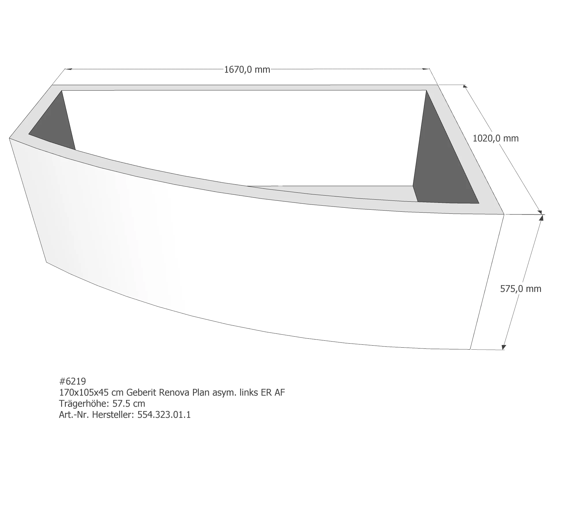 Badewannenträger passend für Geberit Renova Plan asym. links 170 × 105 × 45 cm