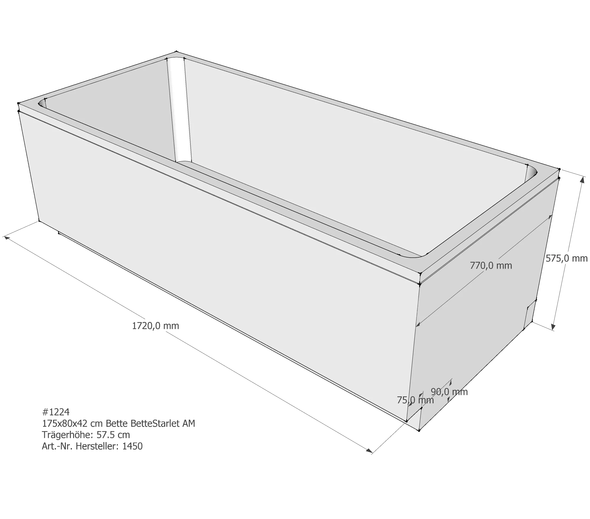 Badewannenträger für Bette Starlet 175 × 80 × 42 cm Breite: 80 cm / Länge: 175 cm