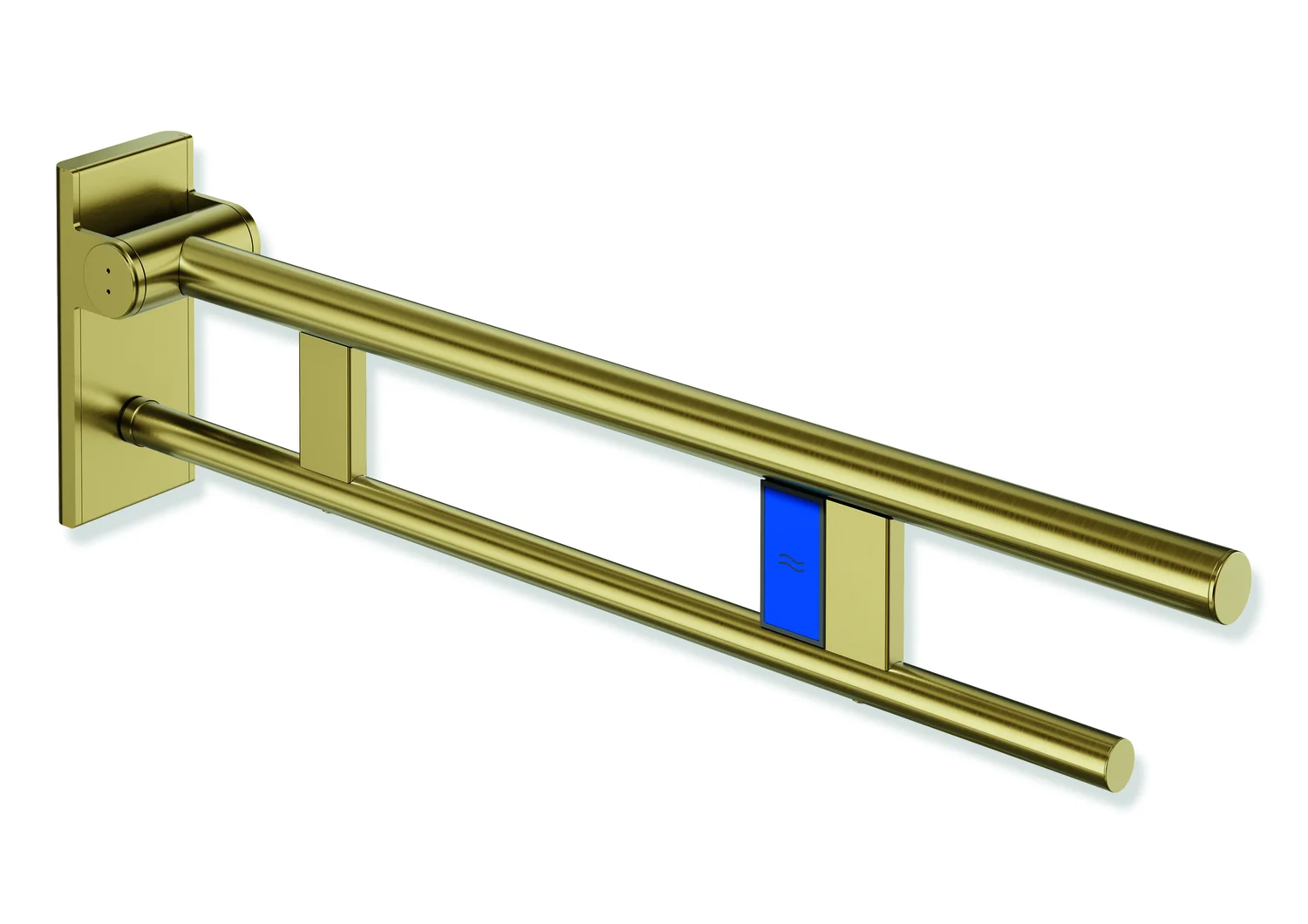 HEWI System 900 - Mobiler Stützklappgriff Duo, Design A, Edelstahl PVD gold gebürstet, Ausladung 750 mm, Funk-Spülauslösung, links, passend zu WC-Spülsystemen von Geberit, Mepa, Viega, Sanit, Friatec, TECE und Grohe