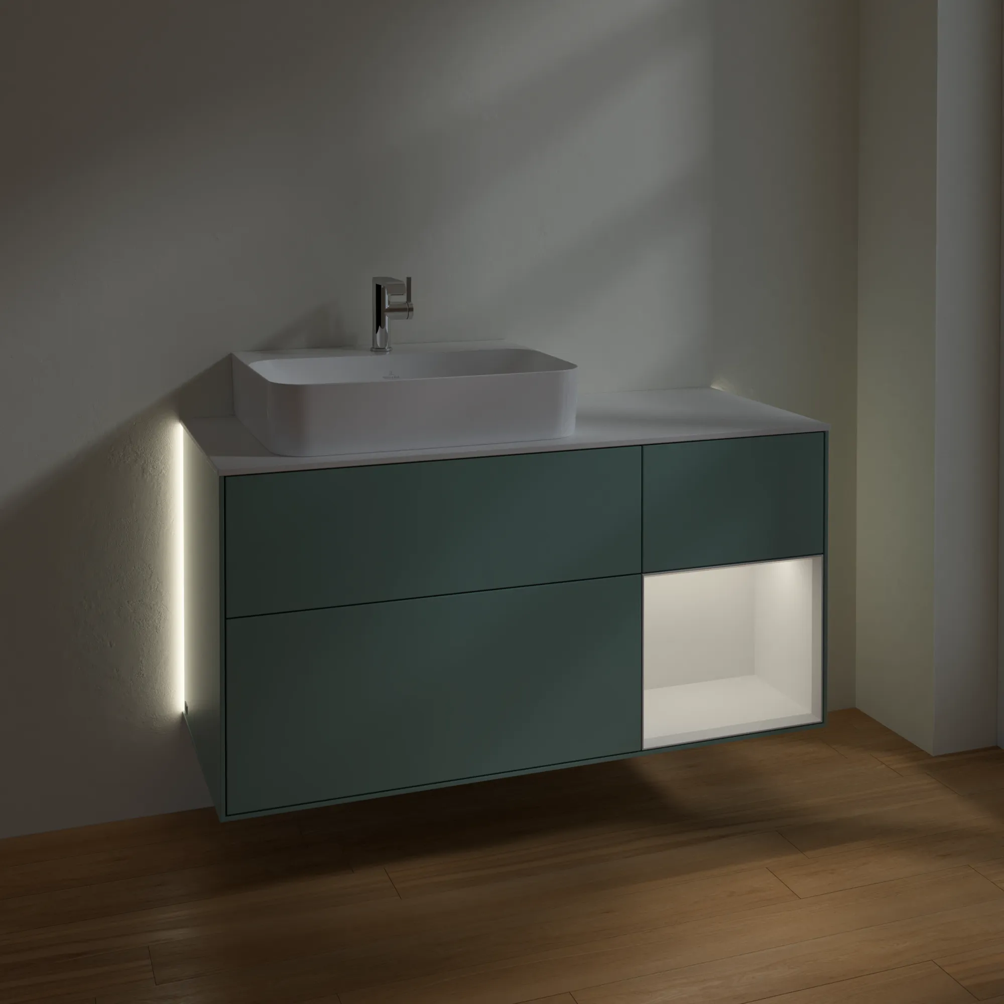 Villeroy & Boch Waschtischunterschrank „Finion“ für Schrankwaschtisch 1200 × 603 × 501 mm Olive Matt Lacquer, für Becken links Villeroy & Boch Waschtischunterschrank „Finion“ für Schrankwaschtisch 1200 × 603 × 501 mm Olive Matt Lacquer, für Becken links