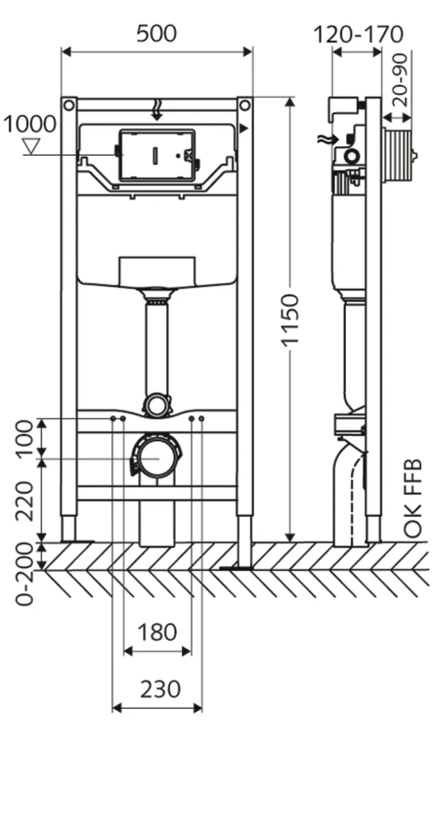 WC-Modul MONTUS, Typ C 120, mit Wandhalterungs-Set MONTUS (120 - 170 mm), WC-Schallschutz-Matte, PE-Ablaufbogen Ø 90 / 90 mm, B 50 cm x H 115 cm, Rahmen pulverbeschichtet