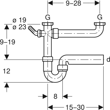 Rohrbogengeruchsverschluss für zwei Spülbecken, mit Winkelschlauchtülle, Abgang horizontal: d=50mm, G=1 1/2″, weiß-alpin