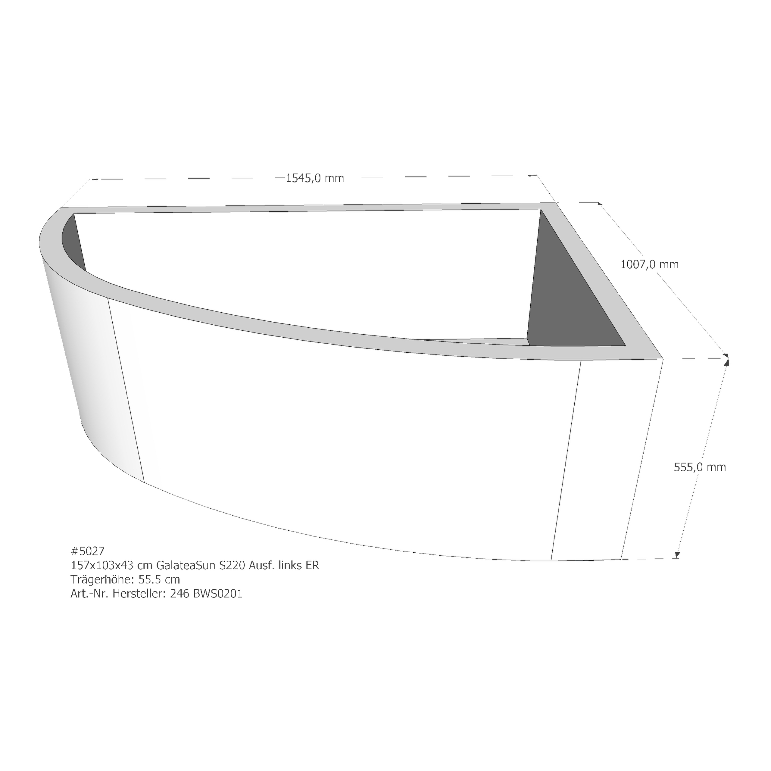 Badewannenträger für Galatea ~Sun S 220 links 157 × 103 × 43 cm Badewannenträger für Galatea ~Sun S 220 links 157 × 103 × 43 cm