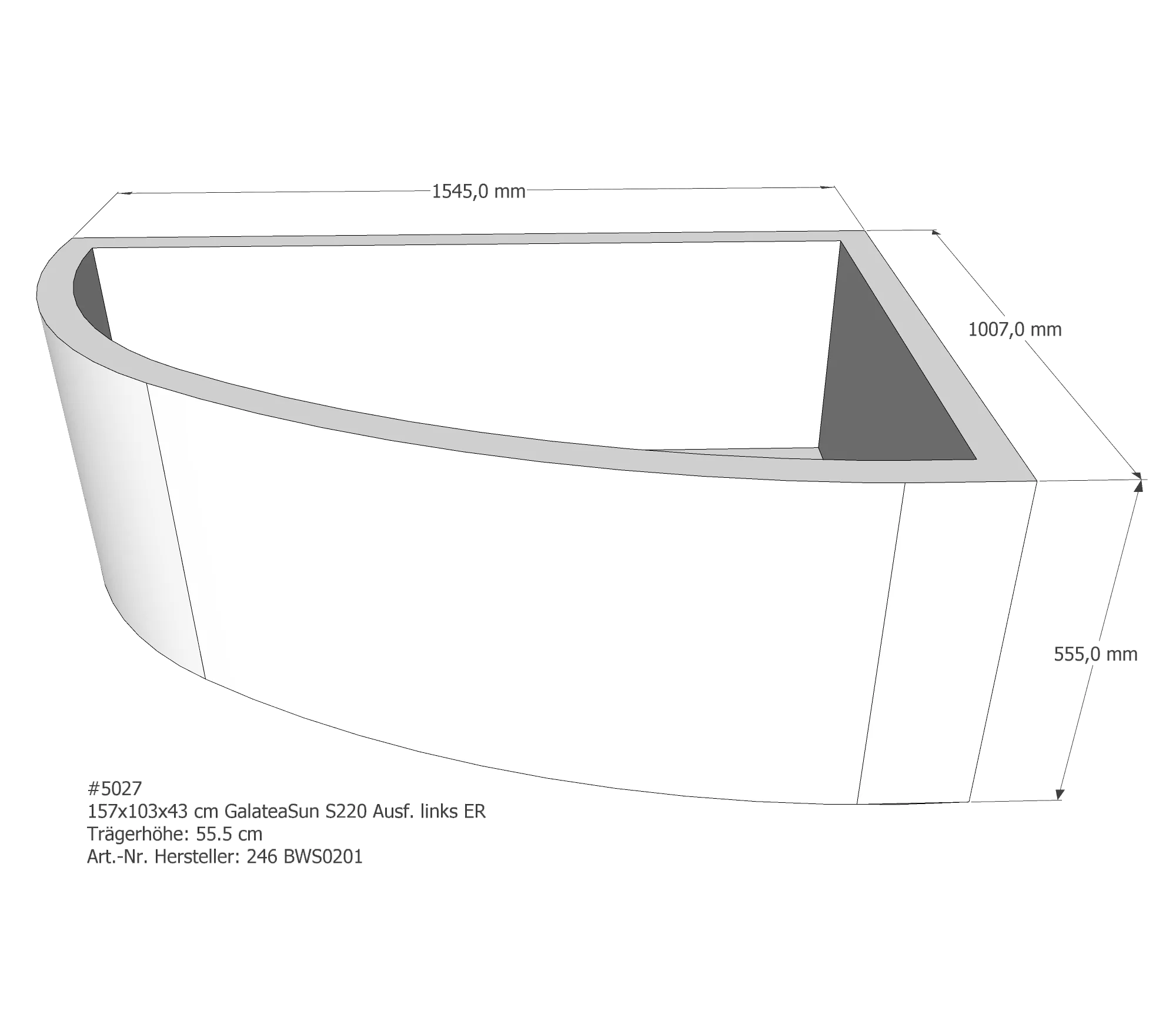 Badewannenträger für Galatea ~Sun S 220 links 157 × 103 × 43 cm