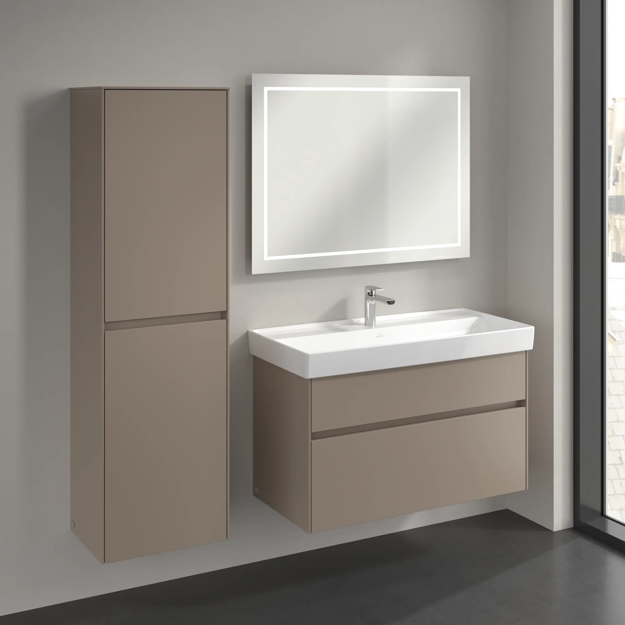 Villeroy & Boch Hochschrank Collaro C03400, Eckig, Taupe, 1.538 mm Höhe, 454 x 347 mm Maße, 2 Türen mit SoftClosing, integrierte Aluminiumgriffe Villeroy & Boch Hochschrank Collaro C03400, Eckig, Taupe, 1.538 mm Höhe, 454 x 347 mm Maße, 2 Türen mit SoftClosing, integrierte Aluminiumgriffe
