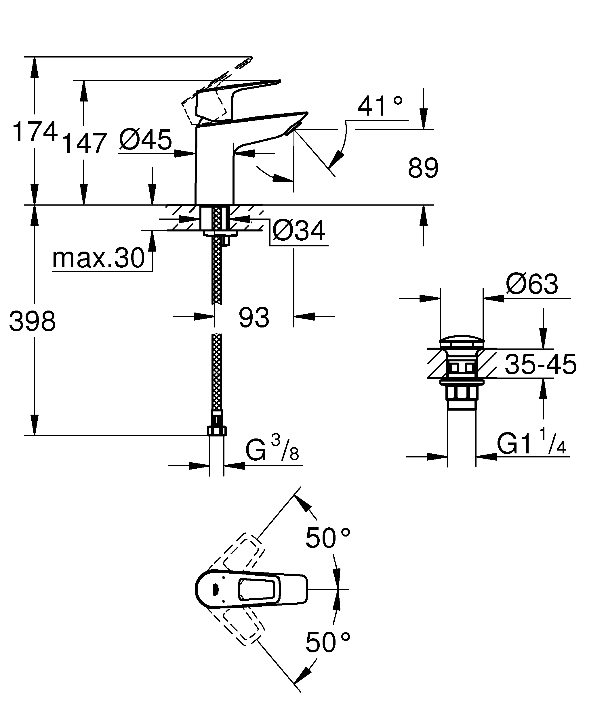 Einhand-Waschtischbatterie BauLoop 23878_1, S-Size, glatter Körper, Einlochmontage, mit Temperaturbegrenzer, EcoJoy Mousseur 5,7 l/min, glatter Körper, Push-open Ablaufgarnitur aus Kunststoff 1 1/4″, chrom