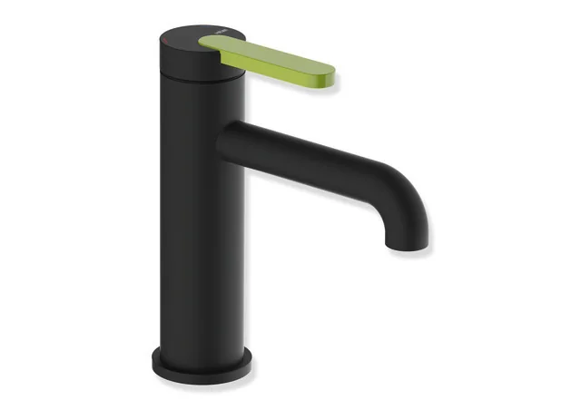 HEWI Einhebel-Waschtischmischer AQ477, System-Armaturen, pulverbeschichtet in Schwarz tiefmatt mit Apfelgrün-Griff, Höhe 172 mm, Ausladung 130 mm, Durchfluss 5 l/min, Keramikkartusche K-35OP, druckfest bis 35 bar