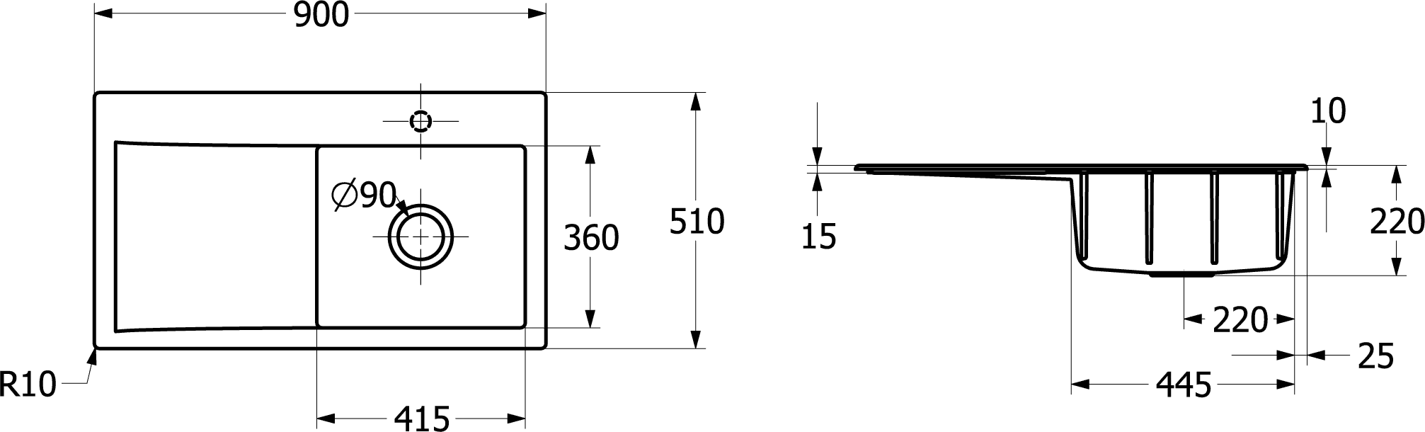 Villeroy & Boch Einbauspüle Subway Style 50 335100, 900x510mm, re, Keramik, Graphite CeramicPlus
