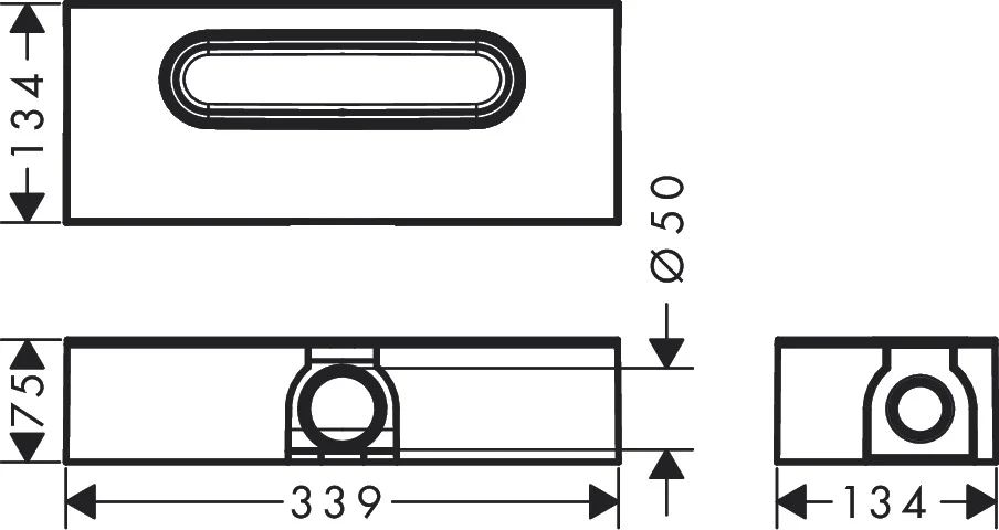 Hansgrohe uBox universal Ablaufgehäuse für Duschrinnen – 3-seitiger Anschluss DN50, waagerechter Auslass, Sperrwasserhöhe 50 mm, Mindestbauhöhe 75 mm