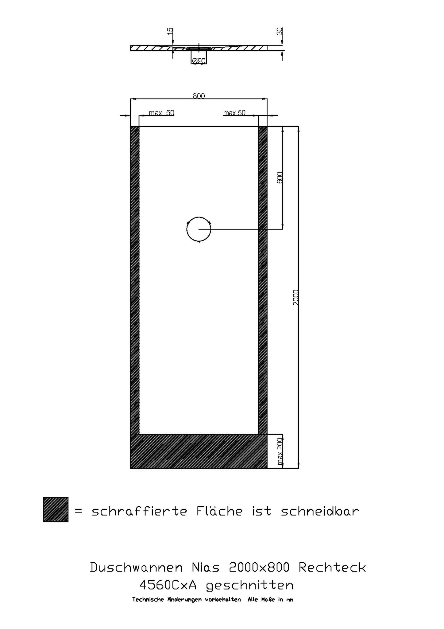 Hoesch rechteck Duschwanne geschnitten „Nias“ mit strukturierter Oberfläche 200 × 80 cm in Schiefergrau