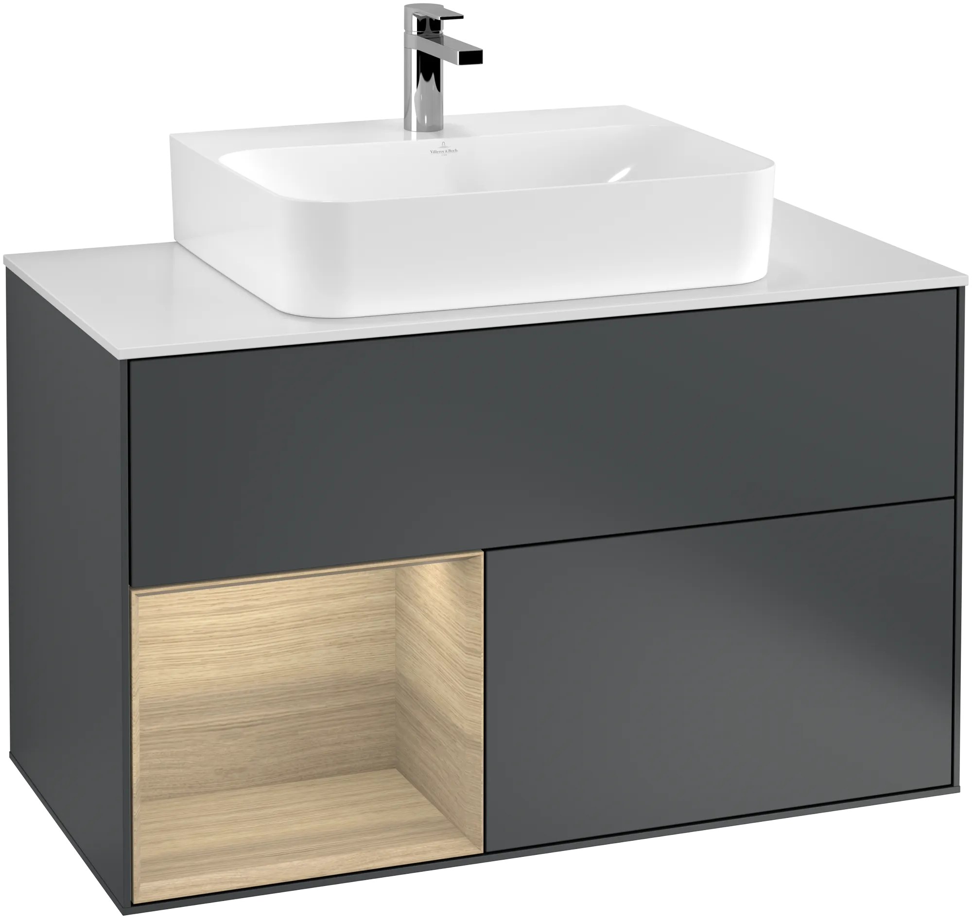 Villeroy & Boch Waschbeckenunterschrank Finion F11, Midnight Blue Matt Lacquer / Oak Veneer / Glass White Matt