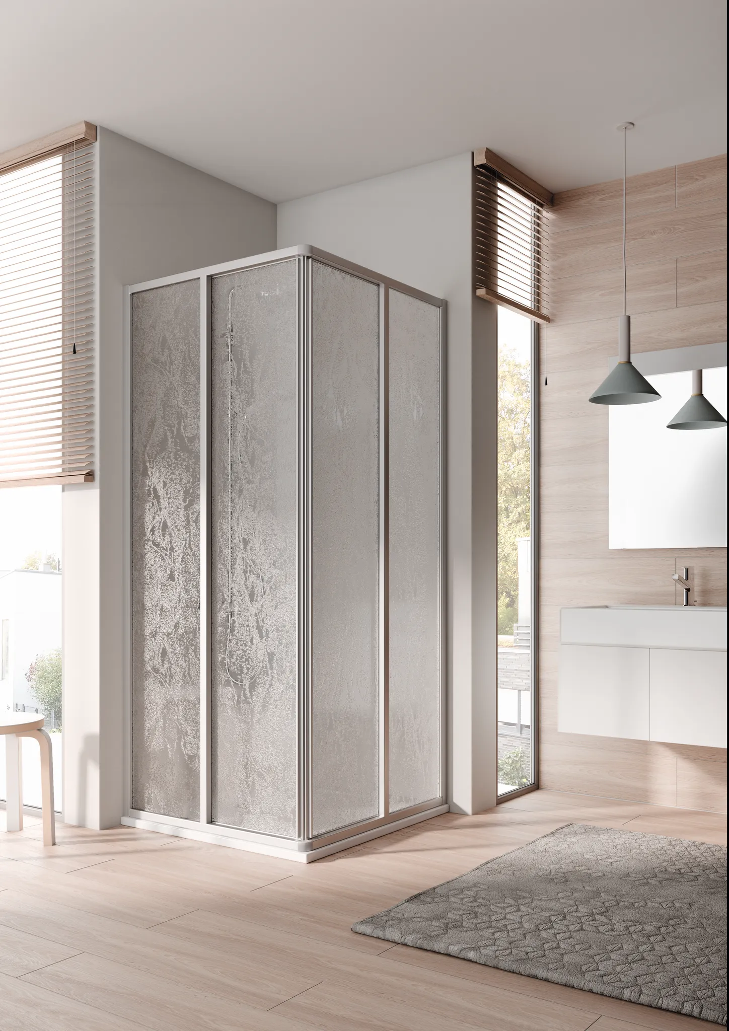 Kermi Duschtür Eckeinstieg 2-teilig (Gleittüren) Halbteil „NOVA 2000“ Glas Kerolan Fontana, Profile Silber Mattglanz, BV: 720 - 742 mm WE: 730 - 752 mm H: 2000 mm