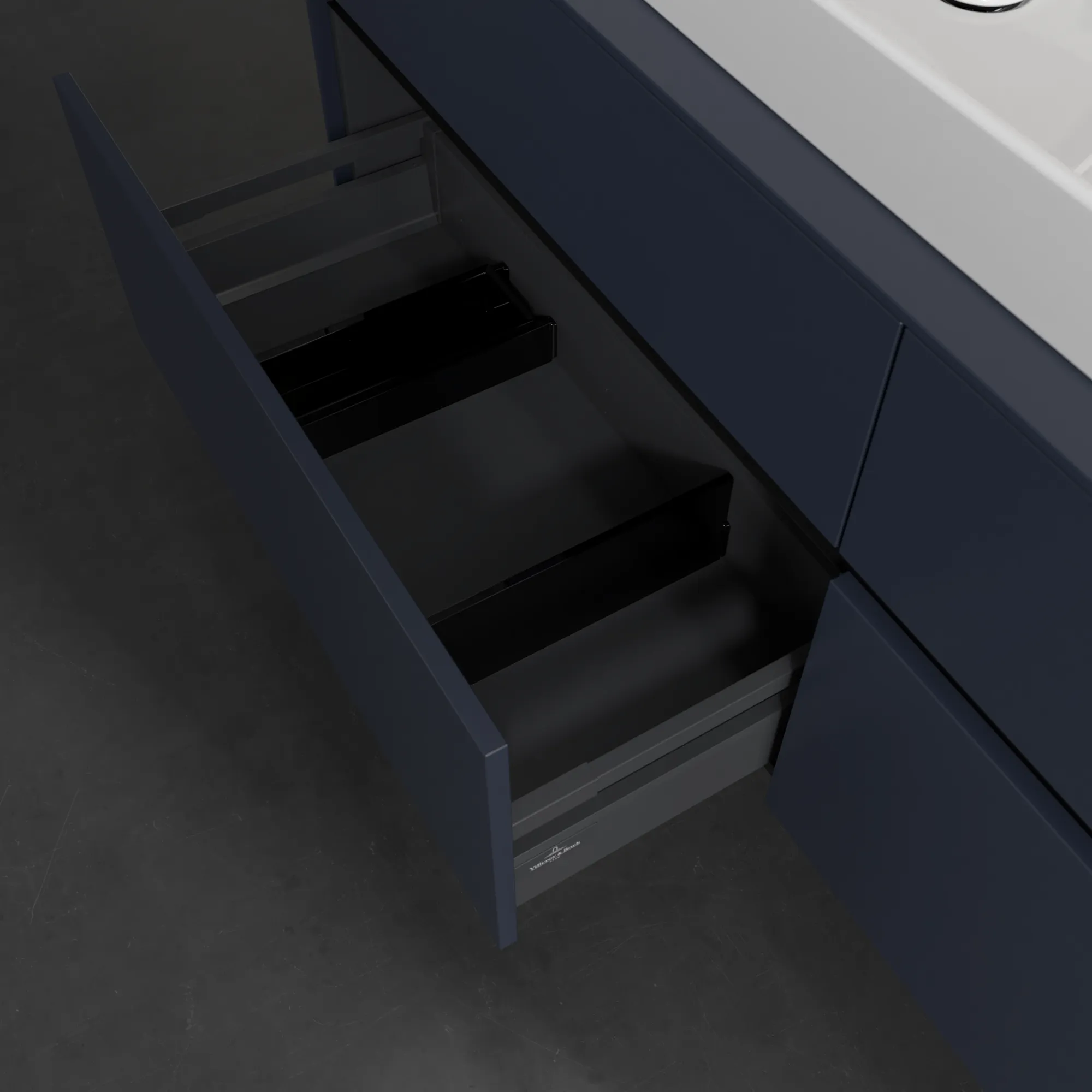 Villeroy & Boch Waschtischunterschrank „Collaro“ 1600 × 548 × 500 mm Marine Blue, mit Beleuchtung, für Becken links Villeroy & Boch Waschtischunterschrank „Collaro“ 1600 × 548 × 500 mm Marine Blue, mit Beleuchtung, für Becken links