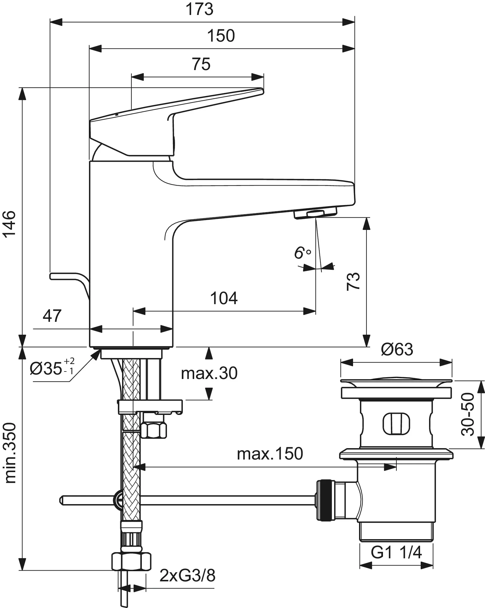 Waschtischarmatur Ceraplan H75 mit Ablaufgarnitur Ausladung 104mm Chrom Waschtischarmatur Ceraplan H75 mit Ablaufgarnitur Ausladung 104mm Chrom