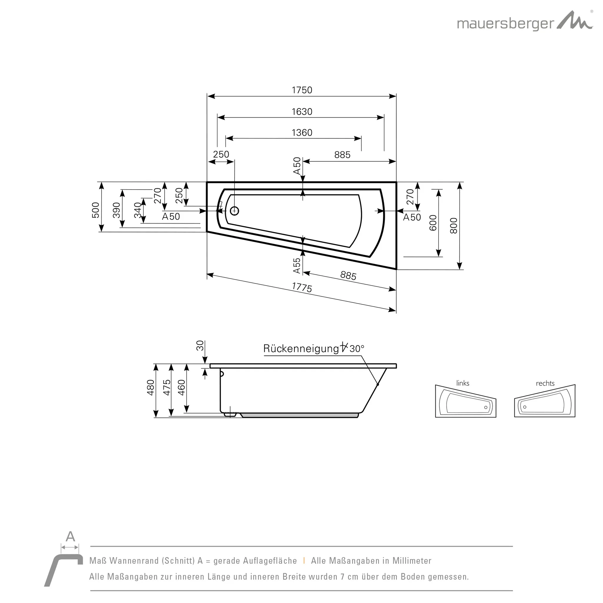 Mauersberger Acryl-Badewanne ascea 175⁄80 links, 1750x800x480, weiß