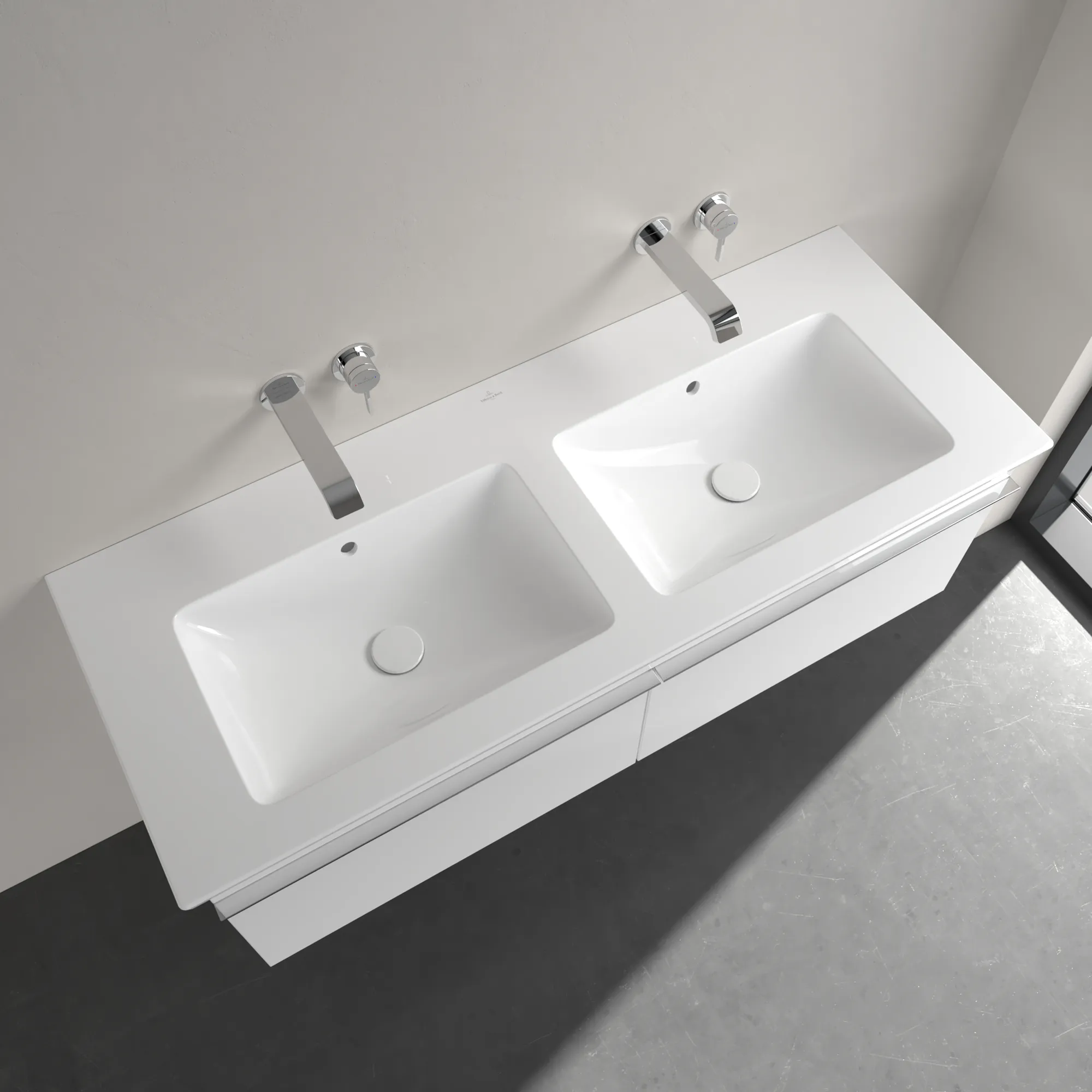 Villeroy & Boch Doppelwaschtisch „Venticello“ 1300 × 500 × 170 mm, für Becken mittig, ohne Hahnlochbohrung in Weiß Alpin Villeroy & Boch Doppelwaschtisch „Venticello“ 1300 × 500 × 170 mm, für Becken mittig, ohne Hahnlochbohrung in Weiß Alpin