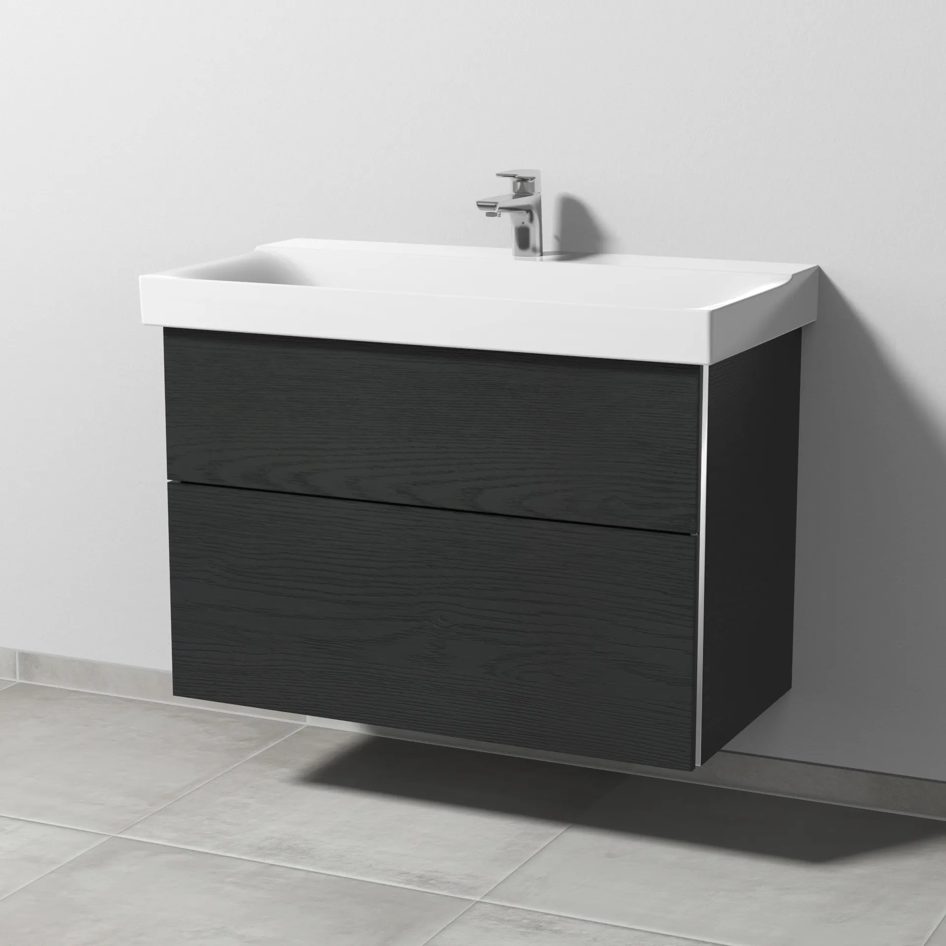 Sanipa Waschtischunterschrank „3way“ passend zu Keramik-Waschtische Xeno2 von Geberit 850 × 593 × 452 mm in Black Oak, Becken mittig