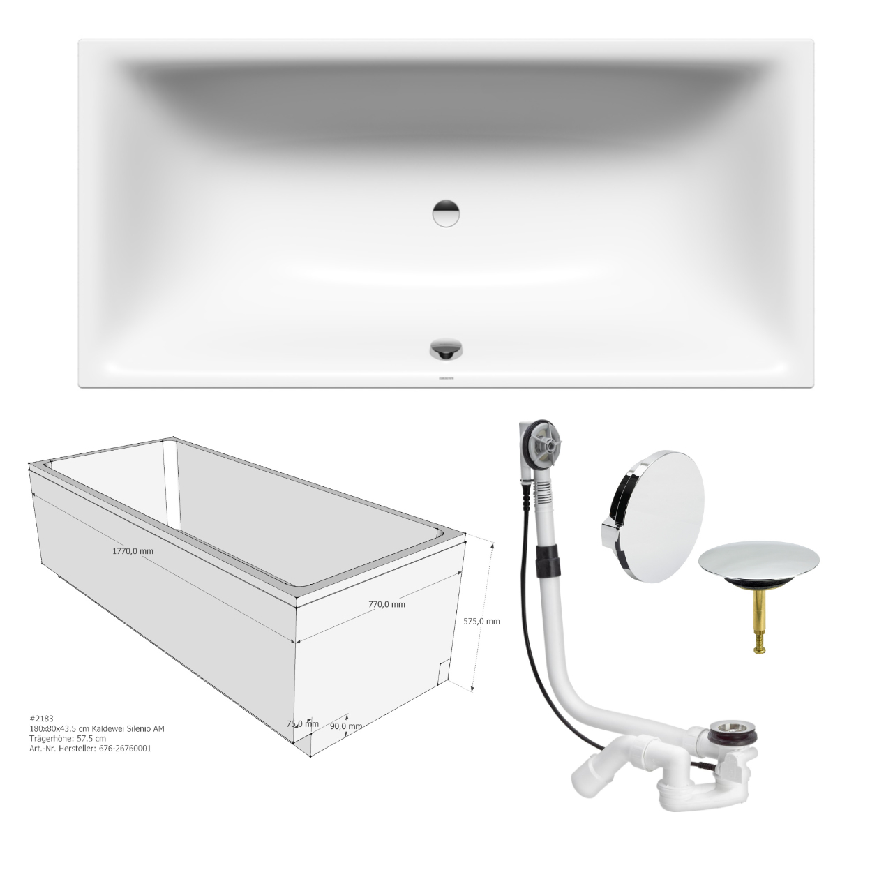 Set Badewanne Silenio 180 × 80 cm mit Träger und Viega-Ablauf