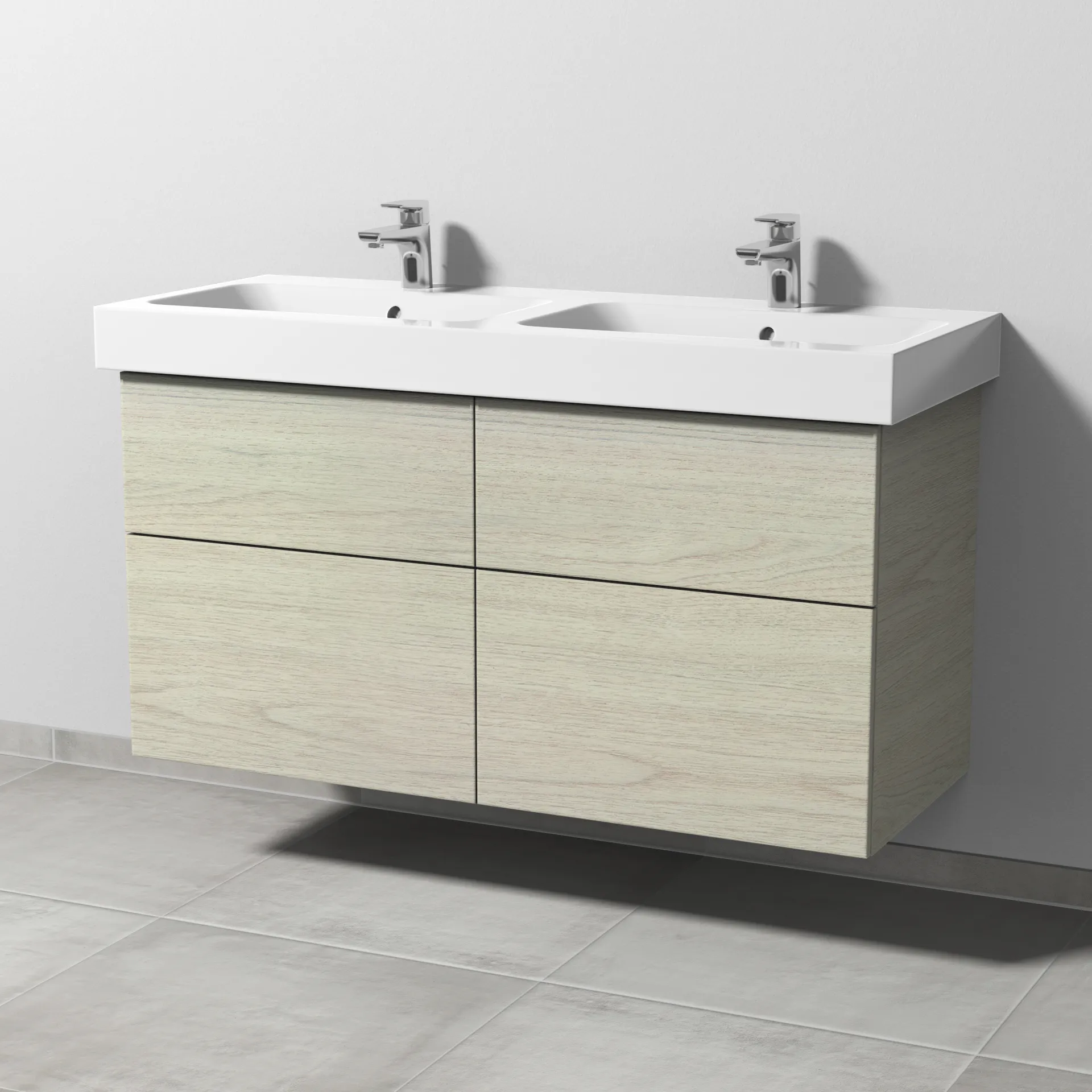 Sanipa Waschtischunterschrank „3way“ passend zu Keramik-Waschtische iCon von Geberit 1150 × 593 × 462 mm in White Oak, mit Hahnlochbohrung, Becken