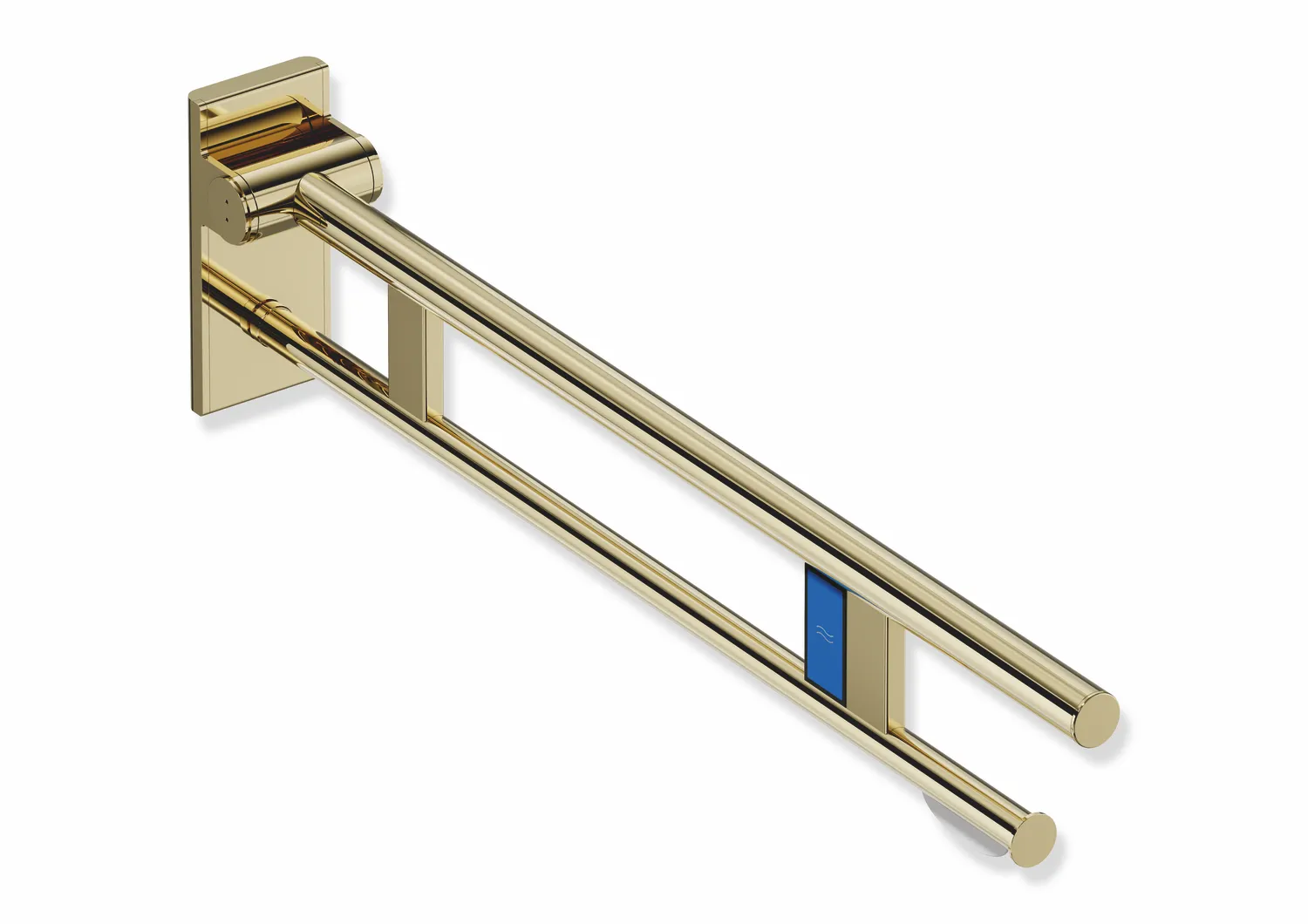 Stützklappgriff Duo, Design A des Systems 900, Edelstahl, PVD, Ausladung 850 mm, mit WC-Papierhalter und Funk-Spülauslösung, Ausführung links, in