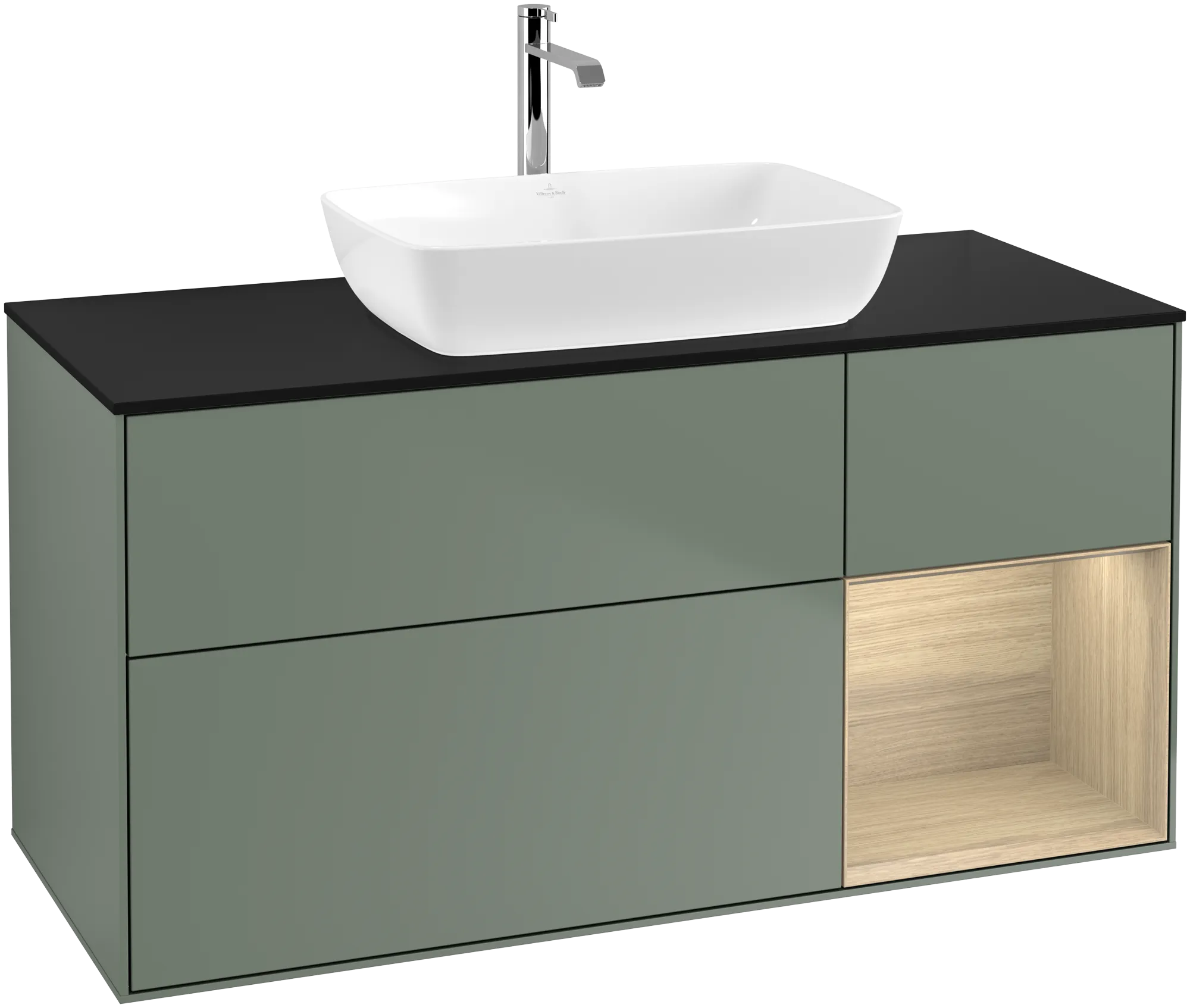 Villeroy & Boch Finion Waschbeckenunterschrank F83 1200x603x501mm Olive Matt Lacquer / Oak Veneer / Glass Black Matt