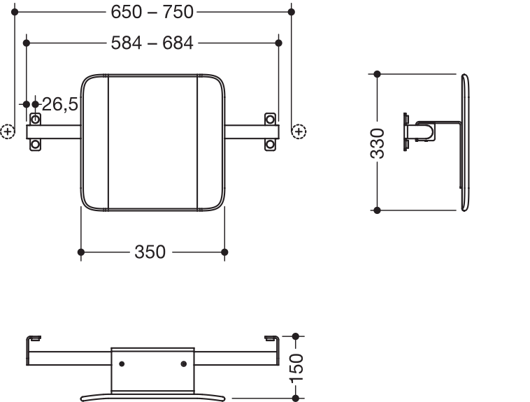 Rückenst., Sys 900 f. SK-Griff (B) T:150, chrom signalweiß