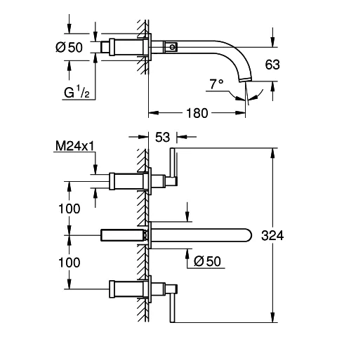 3-Loch-Waschtisch-Batterie Atrio 20662, Wandmontage, Fertigmontageset für 29 025 002, mit Hebelgriffen, Ausladung 180 mm, chrom 3-Loch-Waschtisch-Batterie Atrio 20662, Wandmontage, Fertigmontageset für 29 025 002, mit Hebelgriffen, Ausladung 180 mm, chrom