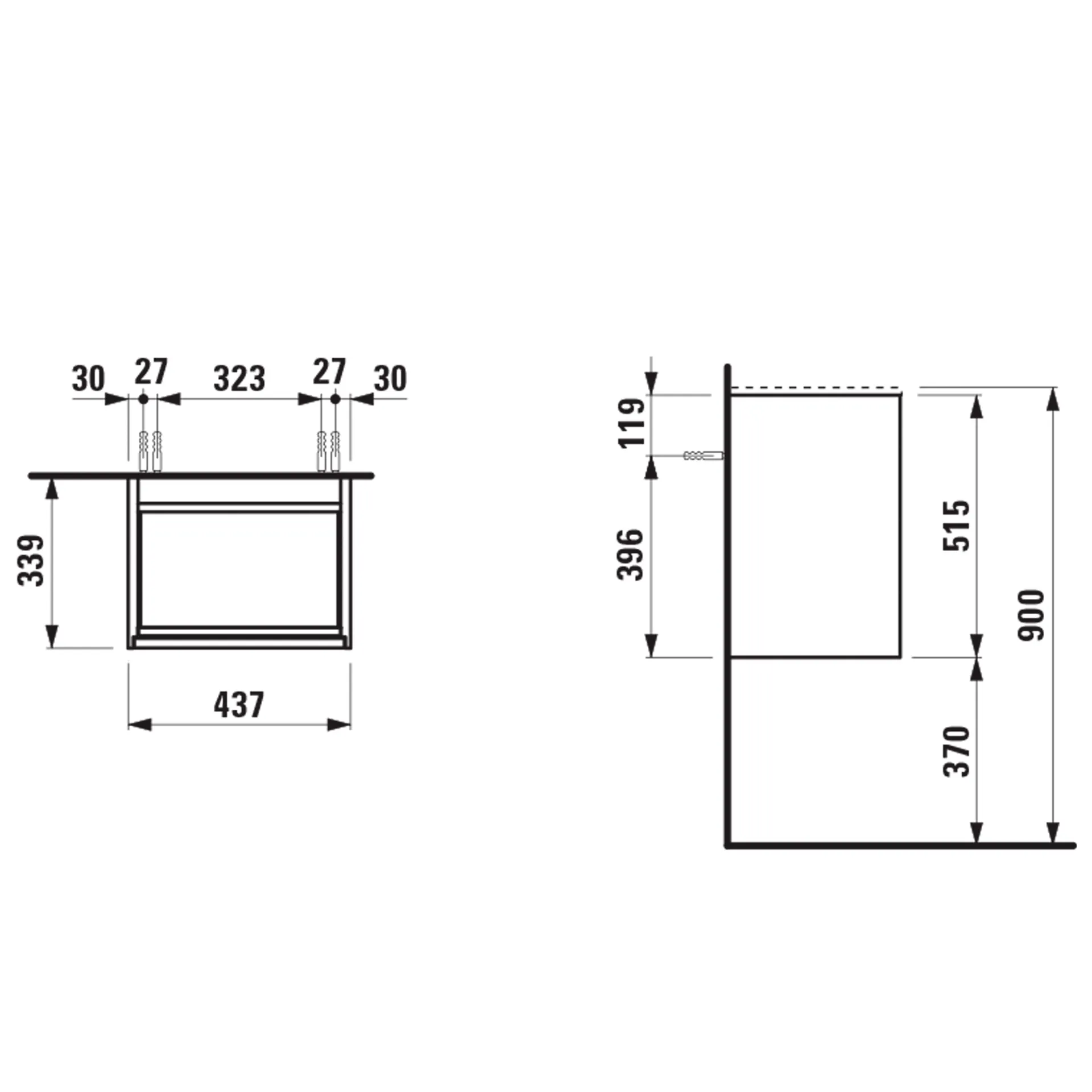 Waschtischunterbau, MEDA, 339x437x515, 1 Tür Scharnier rechts, integrierte Griffleiste, Soft-Close, 1 Glasablage (fix), für Möbelhandwaschbecken MEDA H814110 (45 cm), weiß matt Waschtischunterbau, MEDA, 339x437x515, 1 Tür Scharnier rechts, integrierte Griffleiste, Soft-Close, 1 Glasablage (fix), für Möbelhandwaschbecken MEDA H814110 (45 cm), weiß matt
