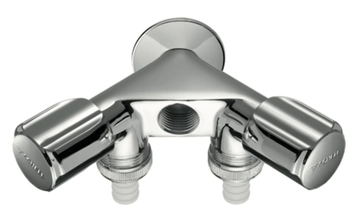 NA-Doppelventil COMFORT, 2 RFV, DN 15 G 1/2 AG, 2 Schlauchverschraubungen Ø 14,5 mm (DN 20 G 3/4 AG), Innengewinde G 1/2 IG, chrom
