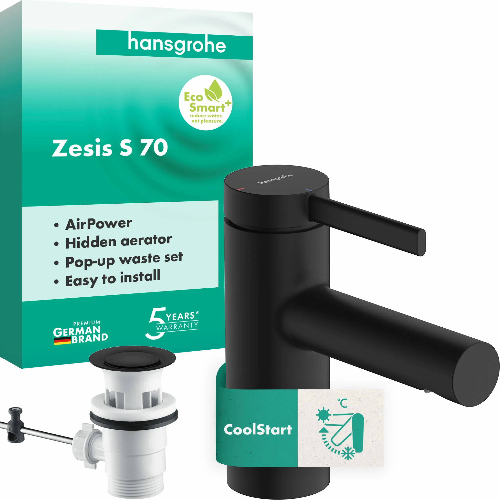 Hansgrohe Zesis S Einhebel-Waschtischmischer 70 CoolStart mit Zugstangen-Ablaufgarnitur mattschwarz, Ausladung 105 mm, Auslaufhöhe 74 mm Hansgrohe Zesis S Einhebel-Waschtischmischer 70 CoolStart mit Zugstangen-Ablaufgarnitur mattschwarz, Ausladung 105 mm, Auslaufhöhe 74 mm