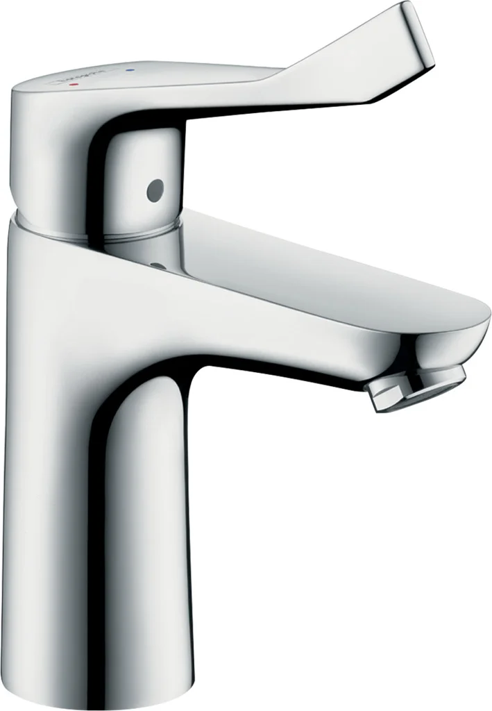 Hansgrohe Waschtischmischer Focus Care 100, Chrom, Ausladung 119 mm, Auslaufhöhe 94 mm, extra langer Comfortgriff 12,1 cm, Hebelgriff, Laminarstrahl, max. Durchflussmenge 5 l/min bei 3 bar, Keramikmischsystem, einstellbare Temperaturbegrenzung, für Durch