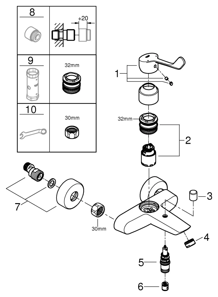 Einhand-Wannenbatterie Eurosmart, 25243_3, Wandmontage, langer Metallhebel, Temperaturbegrenzer, S-Anschlüsse, eigensicher, chrom