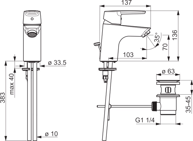 HA Einhebelmischer Waschtischbatterie HANSAPOLO 5140 Kupferrohr Zugstangenablaufgarnitur Ausladung 103 mm DN15 Chrom