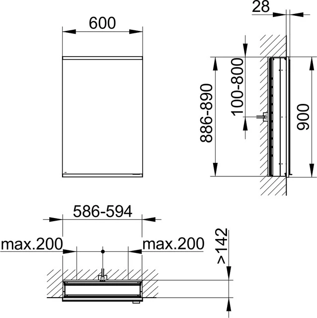Royal Modular 2.0 800010061100100 Spiegelschrank beleuchtet Wandeinbau, 1 Steckdose 600 x 900 x 160 mm silber-eloxiert