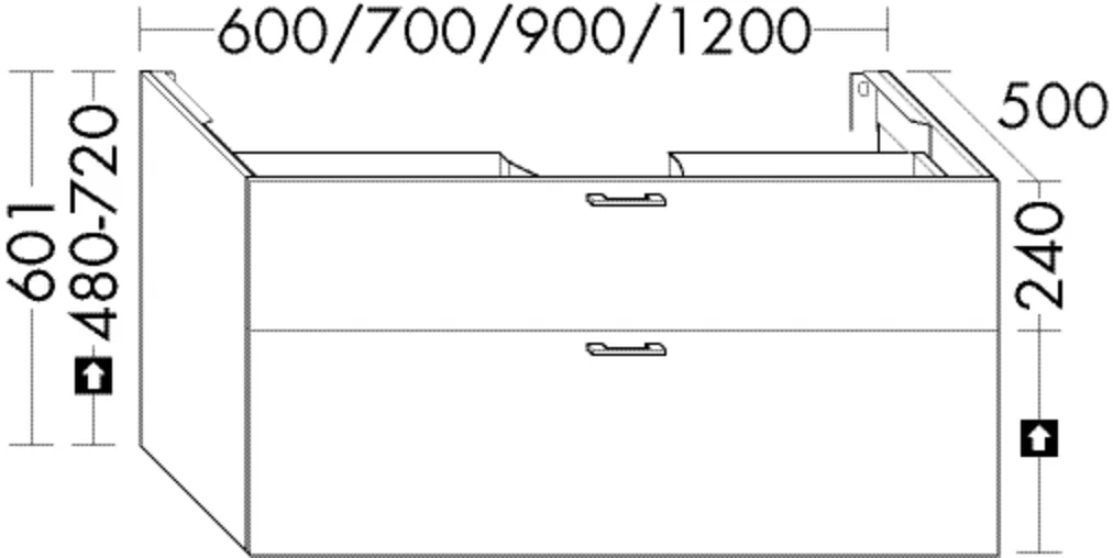Waschtischunterschrank Sys30 von burgbad – 1 Schublade oben (300 mm), 1 Auszug unten (350 mm), 600 x 500 x 601 mm, für Mineralguss-Waschtisch Sys M8