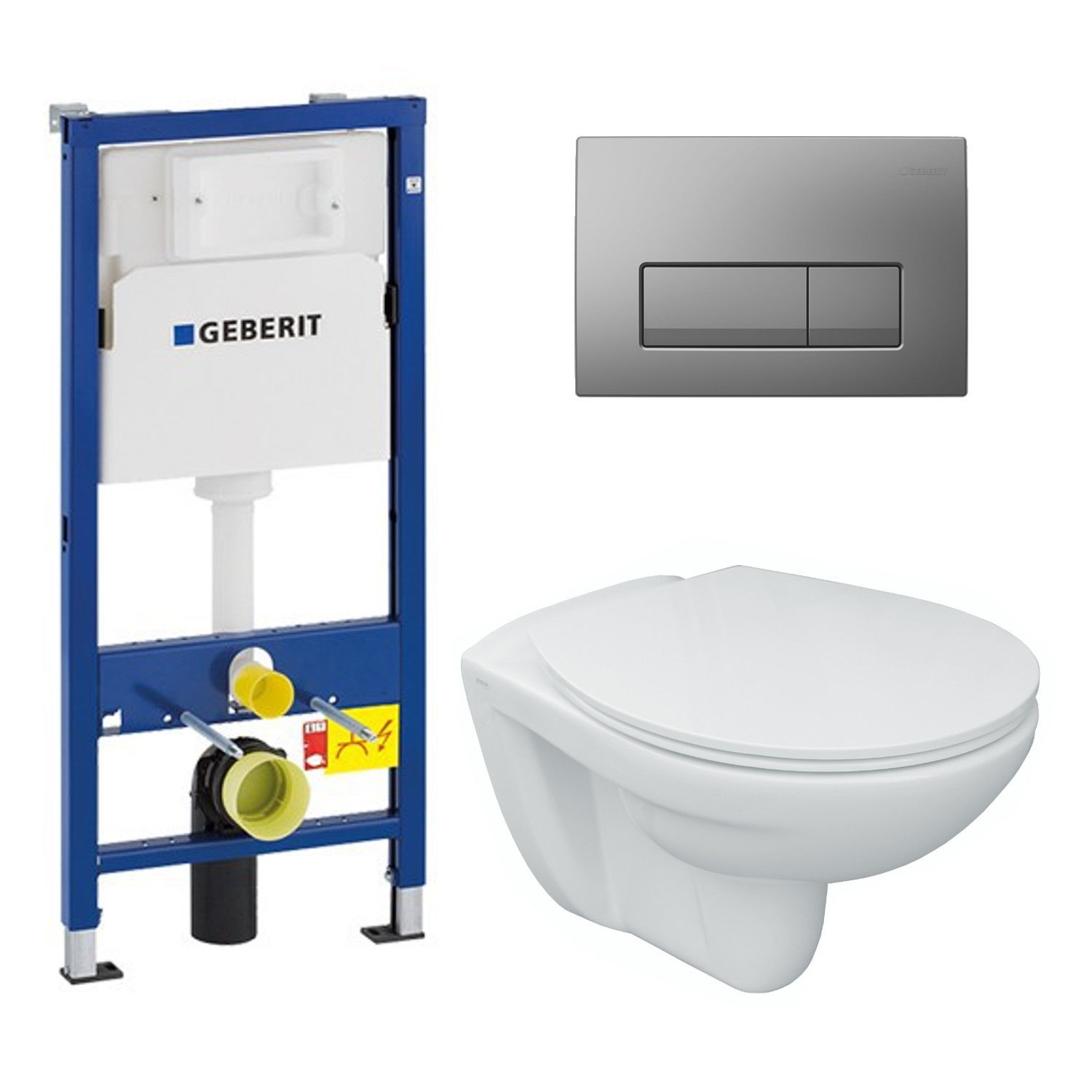 Wand-Tiefspül-WC mit Geberit Vorwandelement inklusive Geberit Betätigungsplatte Chrom mit WC-Sitz Wand-Tiefspül-WC mit Geberit Vorwandelement inklusive Geberit Betätigungsplatte Chrom mit WC-Sitz