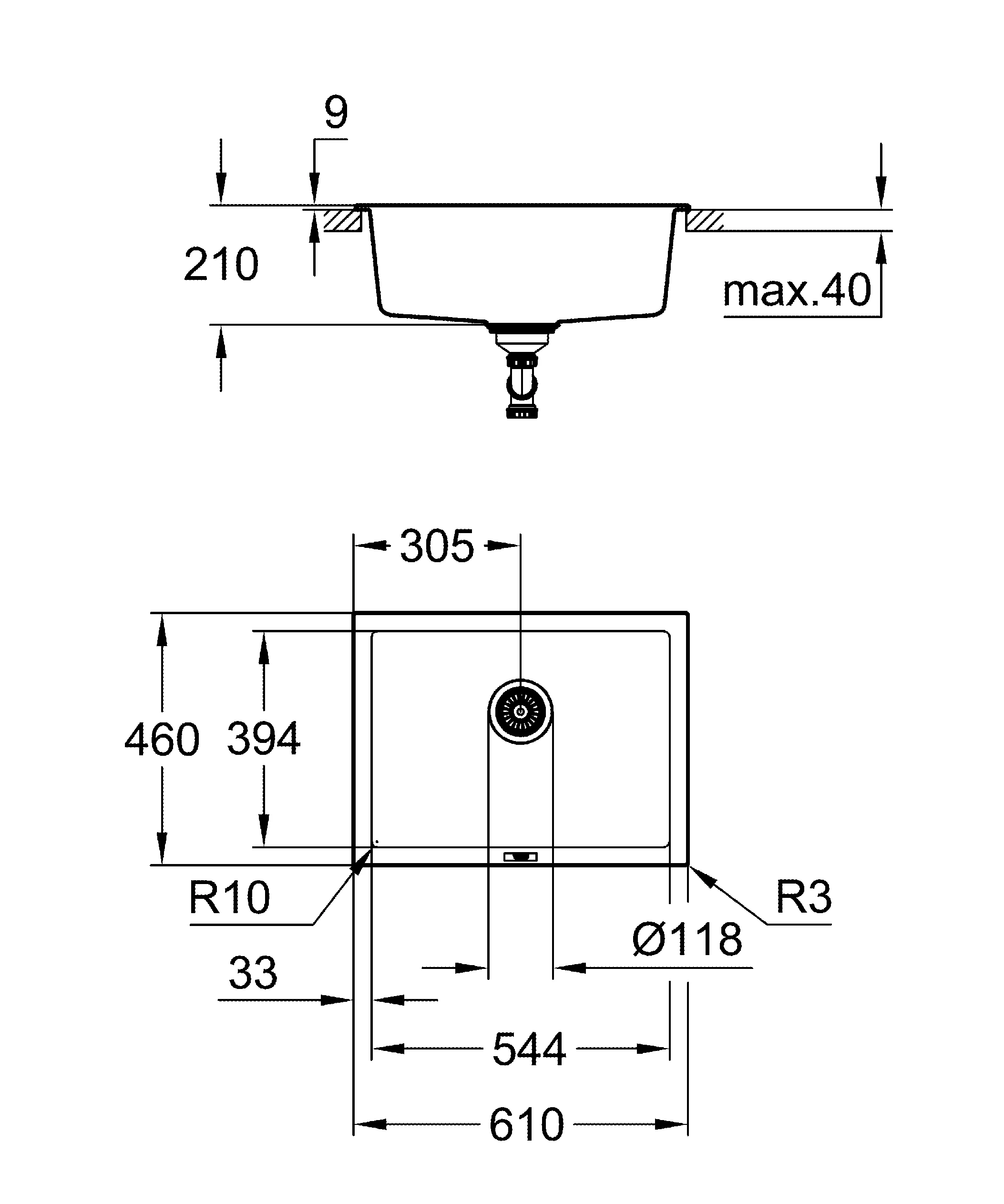 Kompositspüle K700 Unterbau 31655, Modell: K700U 70-C 61/45,7 1.0, Montageart: Standard-Einbau und Unterbau, Maße: 610 x 460 mm, 1 Becken: 544 x 394 x 205 mm, granit schwarz