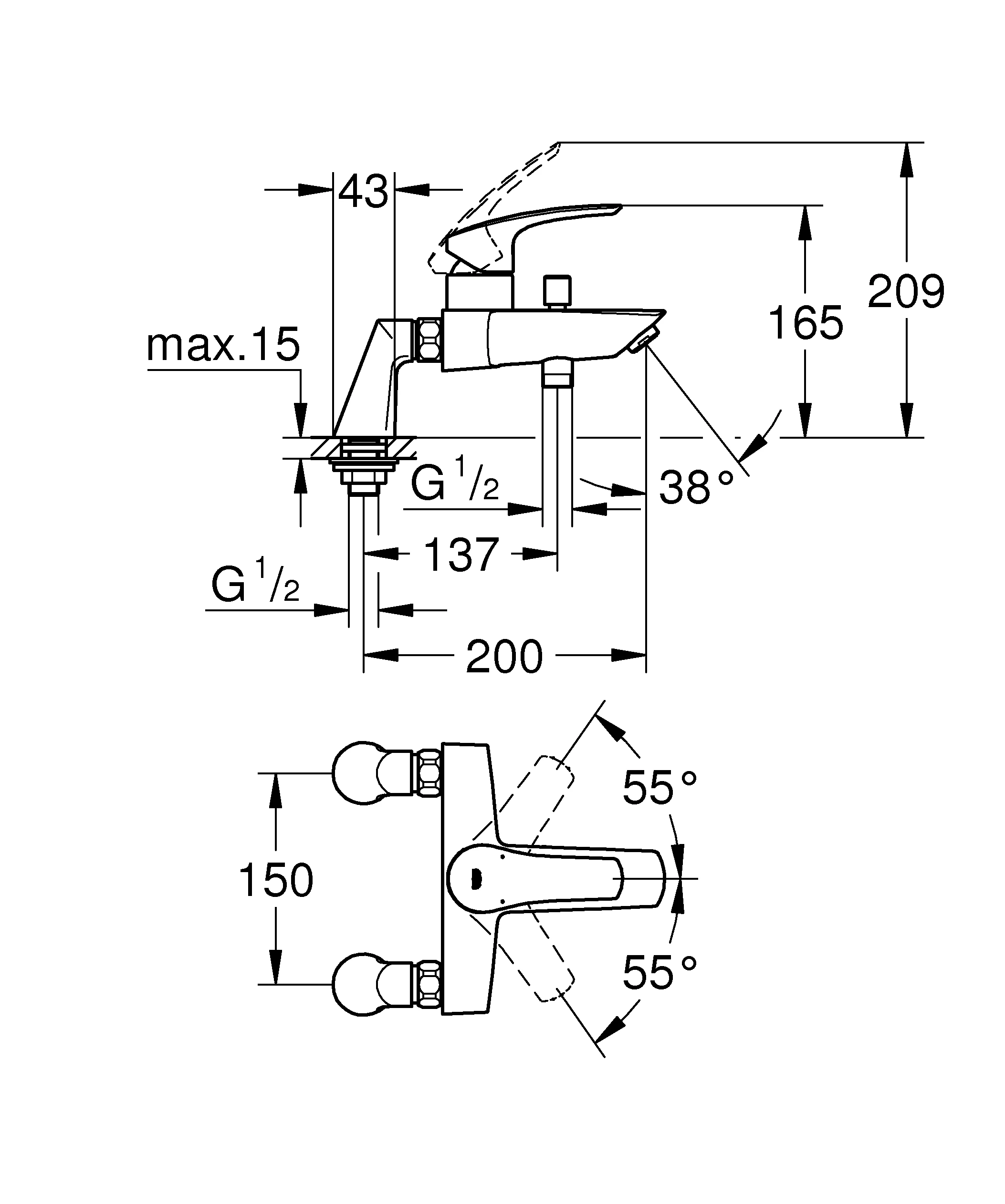 Wannenarmatur „Eurosmart“ Ausladung 200 mm