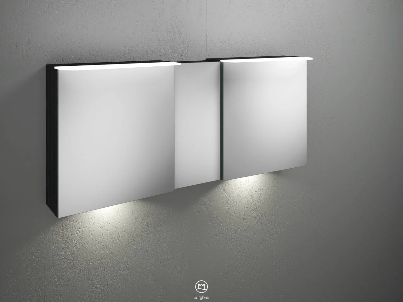 Badu Spiegelschrank SFUF150 von burgbad - 310 mm tief, 1.500 mm breit, 665 mm hoch mit 3 beidseitig verspiegelten Spiegeln und LED-Beleuchtung Badu Spiegelschrank SFUF150 von burgbad - 310 mm tief, 1.500 mm breit, 665 mm hoch mit 3 beidseitig verspiegelten Spiegeln und LED-Beleuchtung