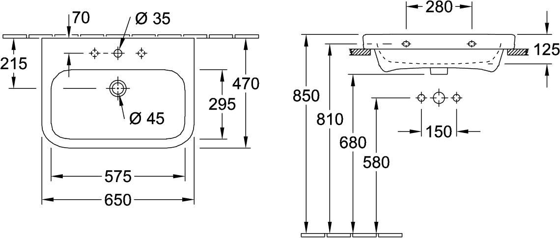 Villeroy & Boch Architectura Waschbecken 4188KG, 650 x 470 mm, Rechteck, 1HL. mittleres Hahnloch durchgestochen, mit Überlauf, Unterseite geschliffen, Weiß Alpin CeramicPlus