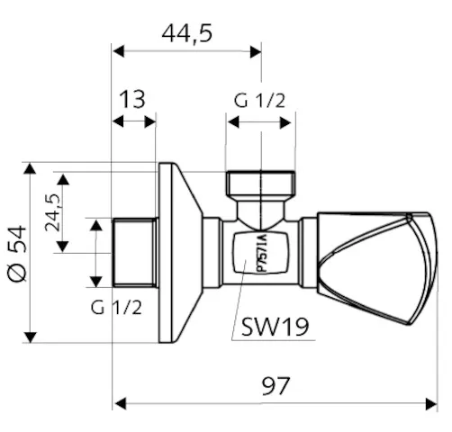Eckventil mit Regulierfunktion, Dreikanthaubengriff, Schubrosette Ø 54 mm, DN 15 G 1/2 AG, DN 15 G 1/2 AG, chrom