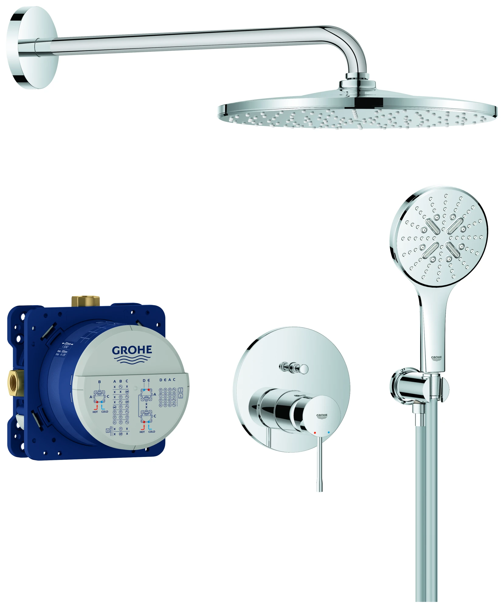 Unterputz-Duschsystem Essence 25287, mit UP-Einhandmischer mit 2-Wege-Umstellung, Rapido SmartBox, Kopfbrause Rainshower Mono 310, Rainshower SmartActive 130 Handbrause, Wandabgangsbogen, Brauseschlauch, chrom