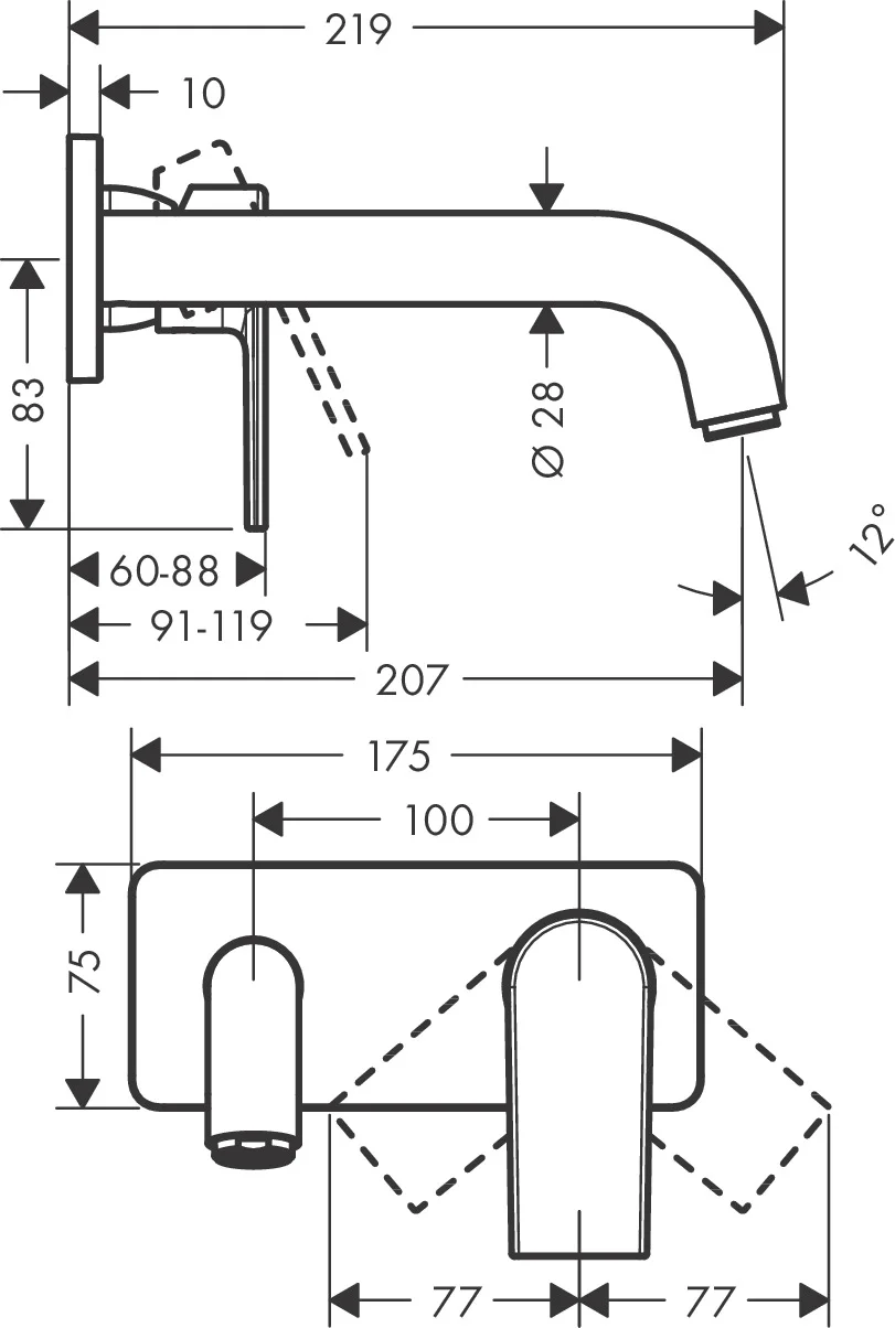 Hansgrohe Vernis Shape 2-Loch Waschtischmischer Unterputz mattschwarz, Ausladung 207 mm, Hebelgriff, Normalstrahl, max. Durchfluss 5 l/min