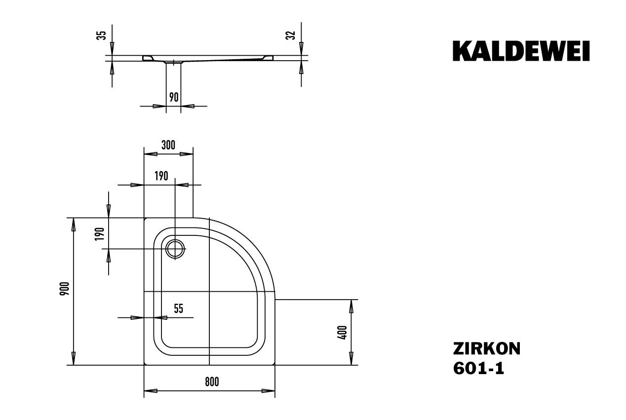 Kaldewei ZIRKON Duschfläche, Viertelkreis, 800x900 mm, warm grey 70, erhöhter Einbau, 35 mm tief Kaldewei ZIRKON Duschfläche, Viertelkreis, 800x900 mm, warm grey 70, erhöhter Einbau, 35 mm tief