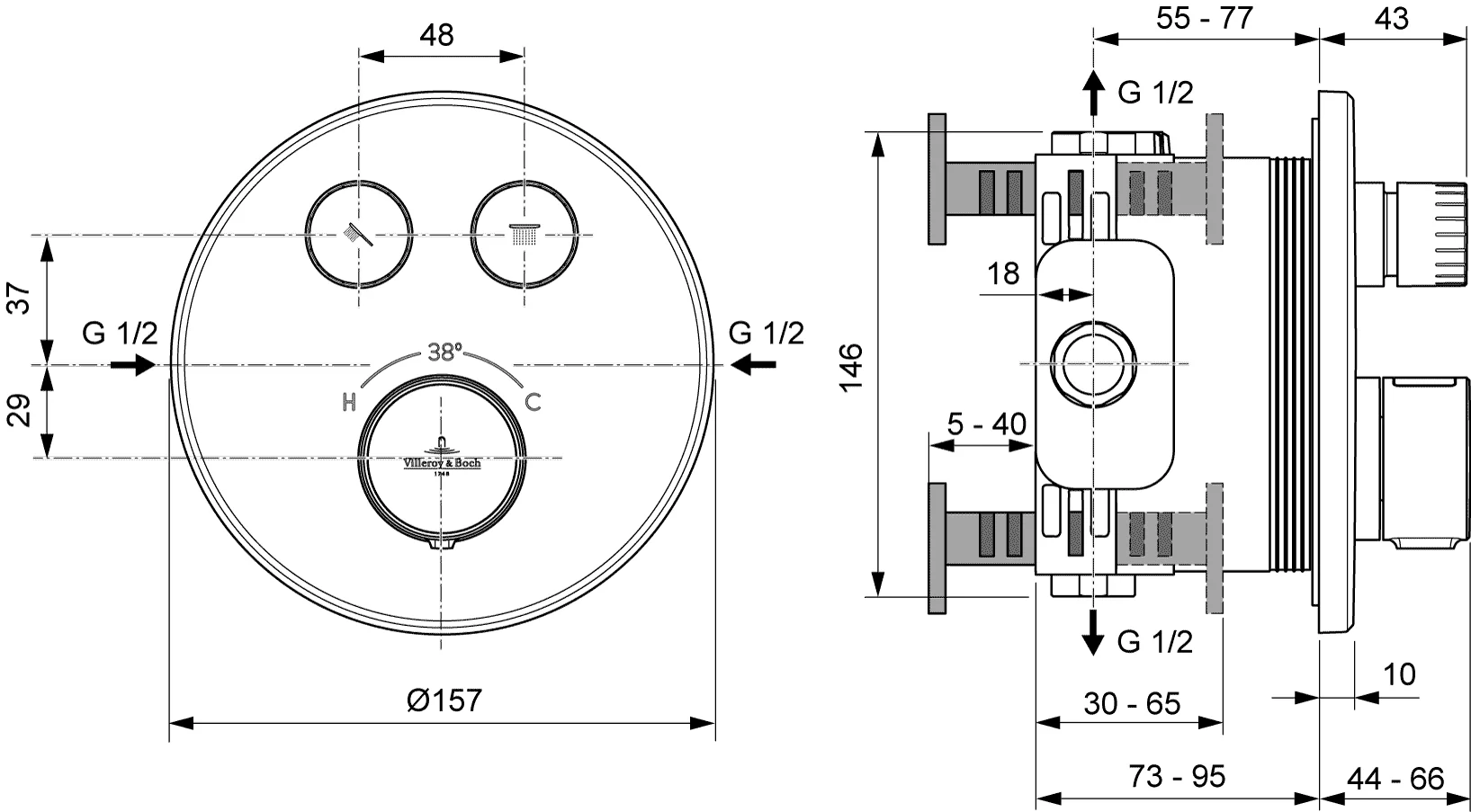 Villeroy & Boch Unterputz-Thermostat Universal Taps & Fittings, rund, Chrom, 157x66x157 mm, Zweiwege-Mengenregulierung Villeroy & Boch Unterputz-Thermostat Universal Taps & Fittings, rund, Chrom, 157x66x157 mm, Zweiwege-Mengenregulierung